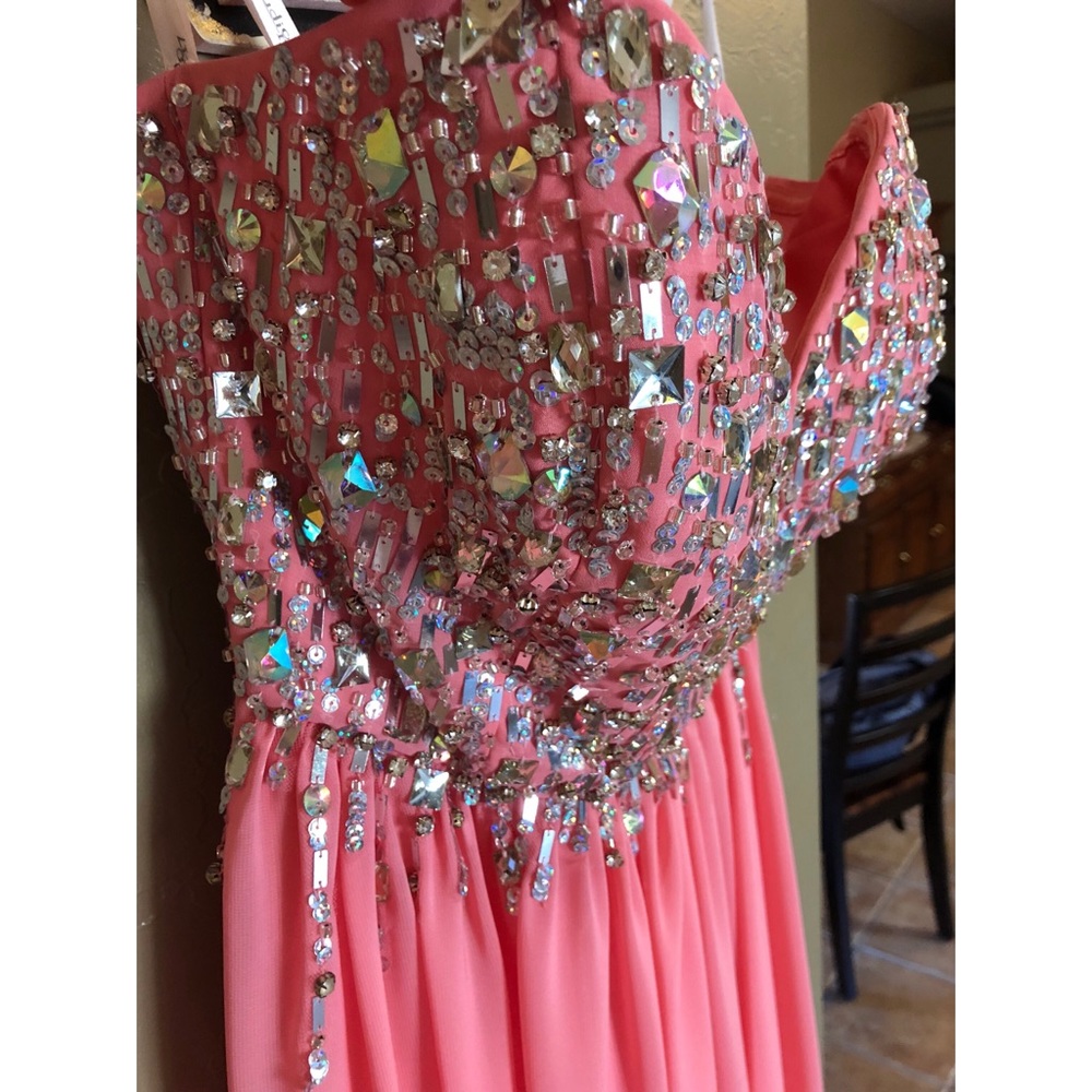 Pink strapless prom dress with rhinestones